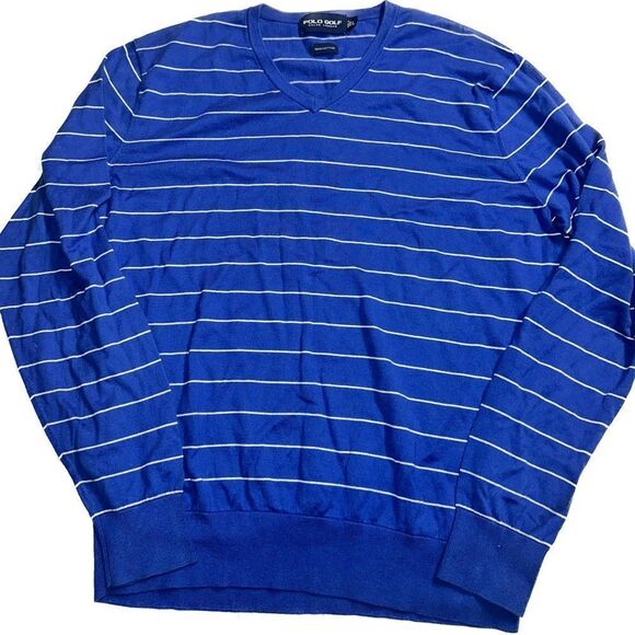 Polo Golf Ralph Lauren Men’s Size Large 100%‎ Cotton V Neck Sweater Blue White - Picture 1 of 4